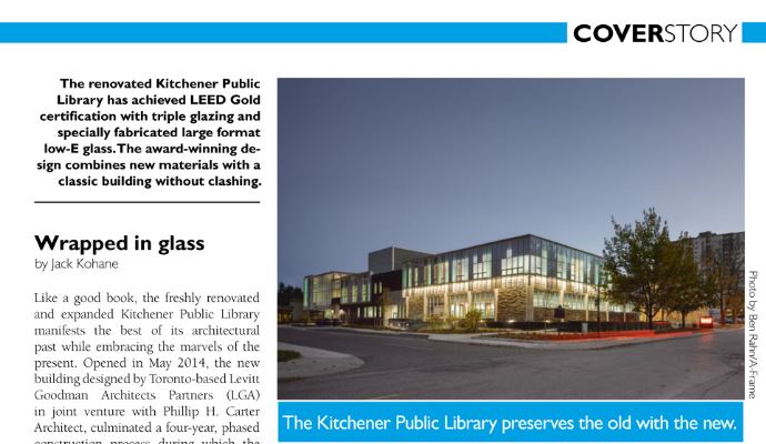 Exterior view of Kitchener Public Library including the High-Performance curtain wall