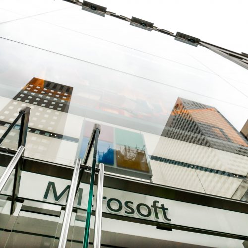 Close up exterior view of Microsoft's flagship store, glass facade with oversize laminates.