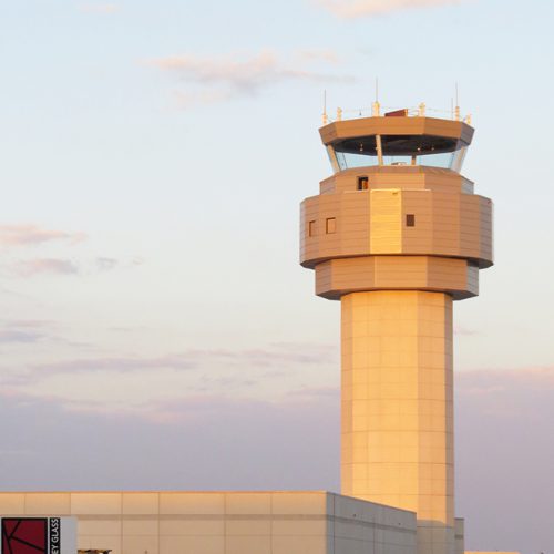 Exterior shot of the Sarasota Airport Control Tower, including oversized, laminated trapezoids