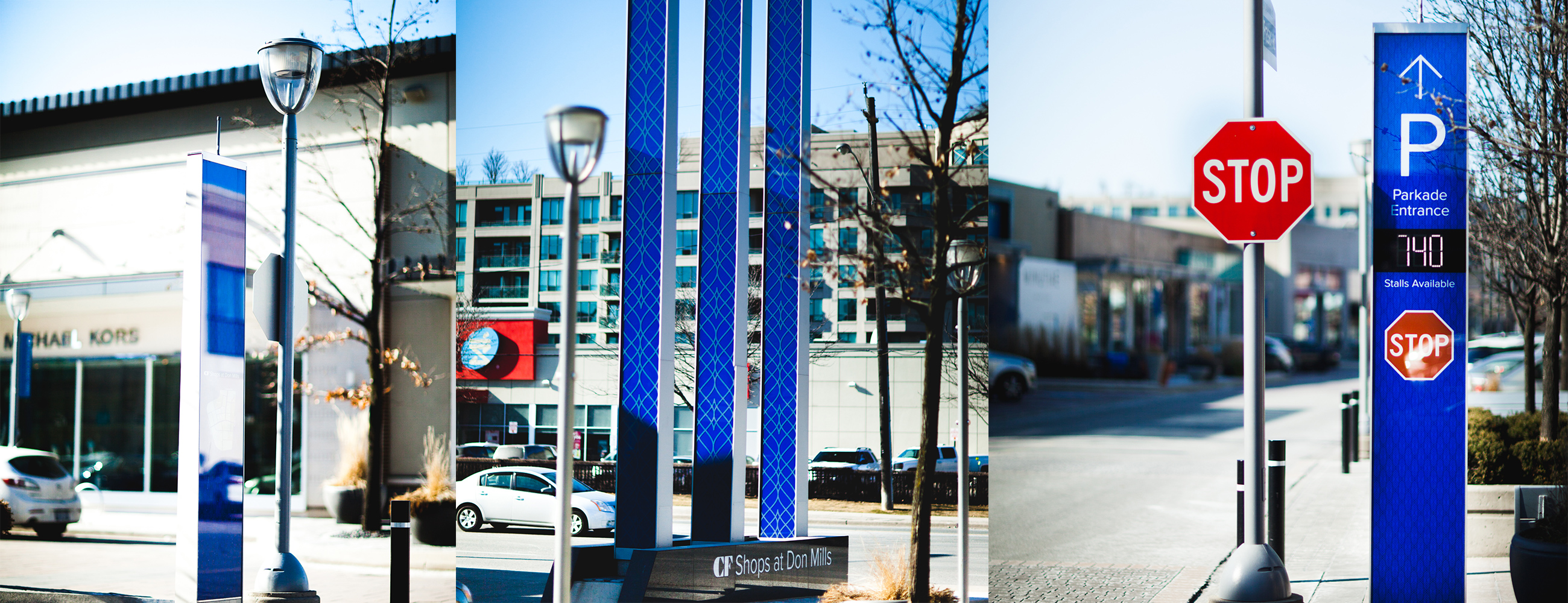 AGNORA digitally printed ceramic frit 12m tall gateway pylons, fabricating both monolithic and laminated tempered glass for the Cadillac Fairview Shops at Don Mills.