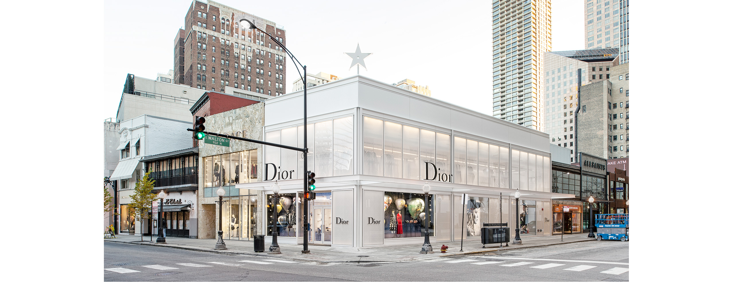 Exterior, street view of Dior flagship in Chicago, AGNORA fabricated Insulated Glass Units up to 146" in length, laminated, tempered, and digitally-printed.