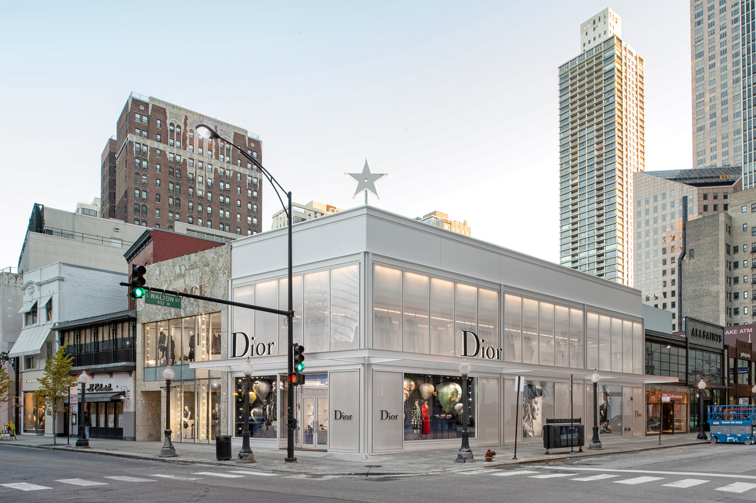 Exterior, street view of Dior flagship storefont in Chicago, AGNORA fabricated Insulated Glass Units up to 146" in length, laminated, tempered, and digitally-printed.