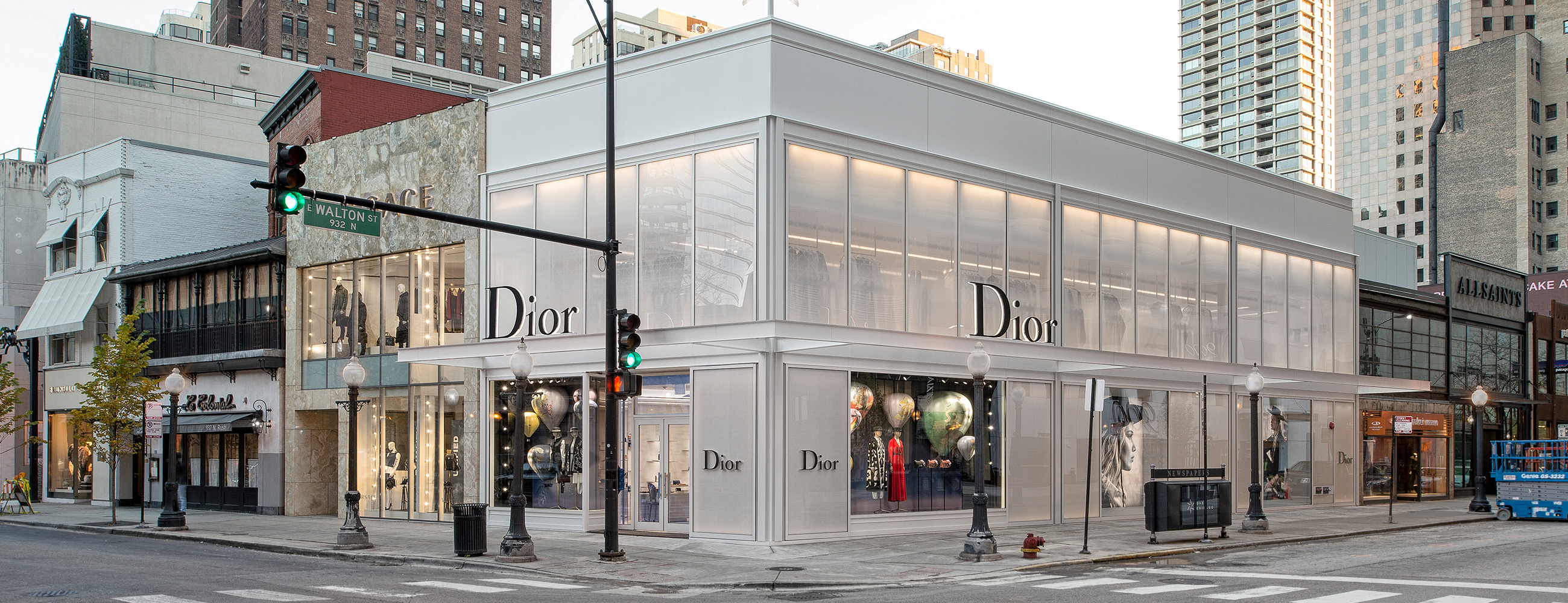 Exterior, street view of Dior flagship in Chicago, AGNORA fabricated Insulated Glass Units up to 146" in length, laminated, tempered, and digitally-printed.